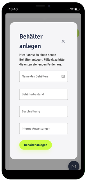 Merways-App-Screen Behälter anlegen